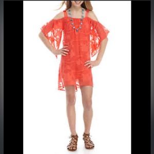 Sequin Hearts Textured Floral Solid Cold Shoulder Dress With Turquoise Necklace